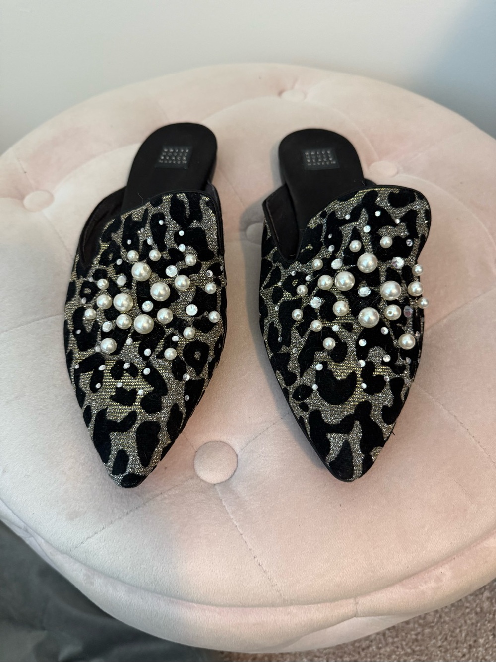 White House Black Market Black and Gold Pearl-Embellished Pointed Mules